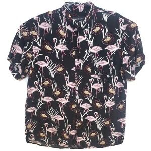 Molokai Surf Co Shirt Mens 2XL Black Flamingo Hawaiian Button Up Rayon Camp‎